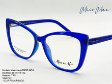 Cargar imagen en el visor de la galería, <div title='Genero CLIP-ON | Forma MUJER GATO | Color AZUL | | COMPLETOmmANCHOTOTAL | 141mmANCHODELENTE | 54mmALTURADELENTE | 16mmPUENTE | 142mmLONGITUDDEVARIL' > Missmoe-A002SP AZUL </div>