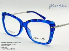 Cargar imagen en el visor de la galería, <div title='Genero CLIP-ON | Forma MUJER GATO | Color AZUL | | COMPLETOmmANCHOTOTAL | 142mmANCHODELENTE | 54mmALTURADELENTE | 17mmPUENTE | 145mmLONGITUDDEVARIL' > Missmoe-A003SP AZUL </div>