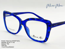 Cargar imagen en el visor de la galería, <div title='Genero CLIP-ON | Forma MUJER GATO | Color AZUL | | COMPLETOmmANCHOTOTAL | 142mmANCHODELENTE | 53mmALTURADELENTE | 17mmPUENTE | 145mmLONGITUDDEVARIL' > missmoe-A004SP AZUL </div>