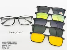 Cargar imagen en el visor de la galería, <div title='Genero CLIP-ON | Forma UNISEX RECTANGULAR | Color NEGRO | | COMPLETOmmANCHOTOTAL | 146mmANCHODELENTE | 56mmALTURADELENTE | 48mmPUENTE | 17mmLONGITU' > FRED-2706 C1 </div>