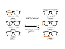 Cargar imagen en el visor de la galería, <div title='Genero UNISEX | Forma CUADRADO | Color NEGRO | COMPLETO | 150mmANCHOTOTAL | 50mmANCHODELENTE | 45mmALTURADELENTE | 24mmPUENTE | 146MM LONG' > FRED-3402SP C1 </div>
