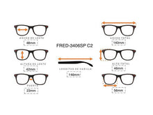 Cargar imagen en el visor de la galería, <div title='Genero UNISEX | Forma CUADRADO | Color AZUL | COMPLETO | 140mmANCHOTOTAL | 48mmANCHODELENTE | 42mmALTURADELENTE | 23mmPUENTE | 146MM LONGI' > FRED-3406SP C4 </div>